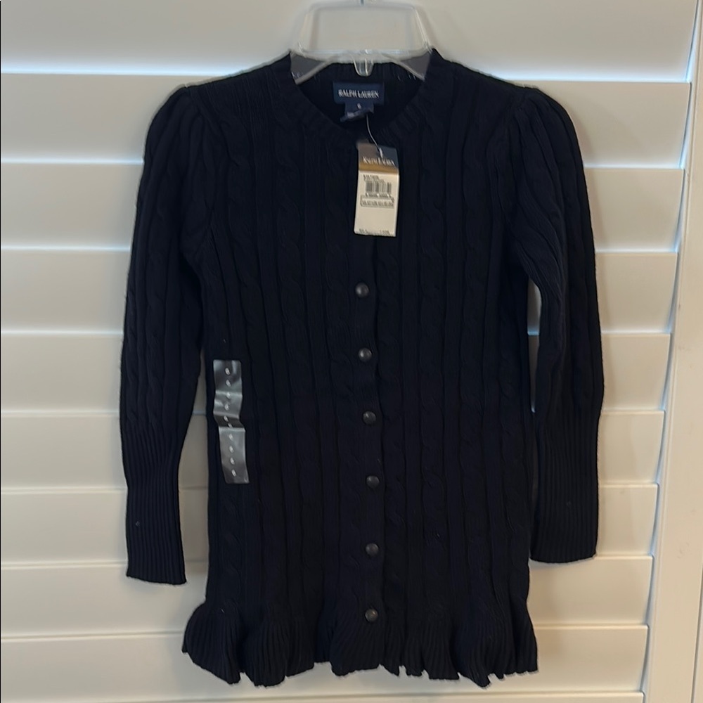 RALPH LAUREN Black Cable Knit Cardigan Sweater DRESS Ruffled Hem 6 NWT